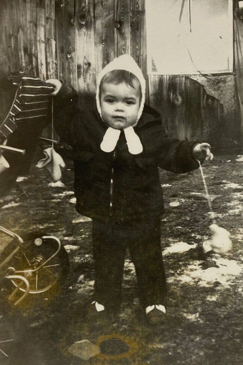 Little Boy Bundles Up Cold Holding Stroller B&W Photograph 3 x 4