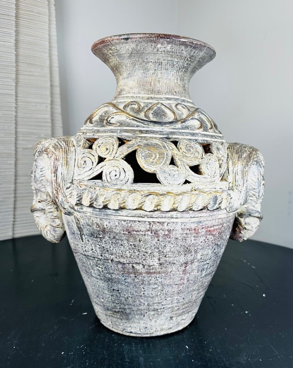 Large Elephant Motif  Terracotta Floor Vase Floral Ceramic Pottery 13 1/2” RARE