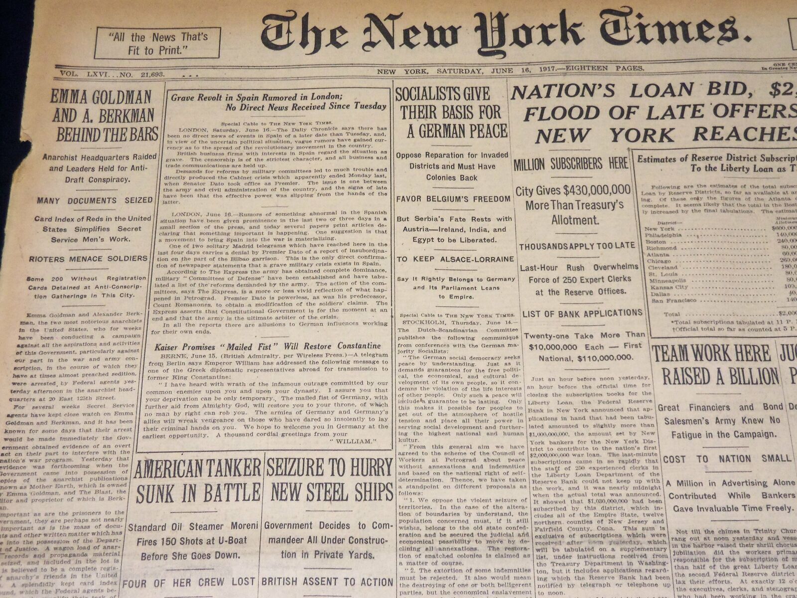 1917 JUNE 16 NEW YORK TIMES - EMMA GOLDMAN AND A. BECKMAN BEHIND BARS - NT 7797