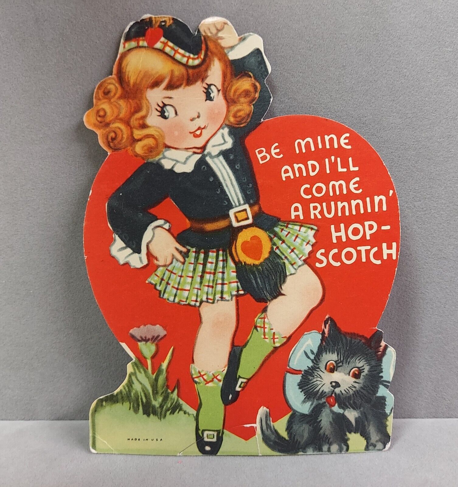 Vintage Die Cut Valentines Card 1930s-40s Scottish Girl Dancing With Puppy Used 