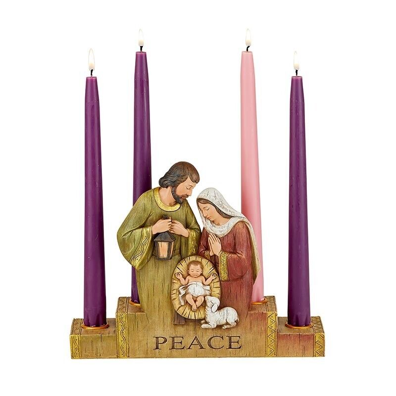 Christmas Advent Candle Holder Resin Holy Family Nativity With Lamb 9 1/2 In