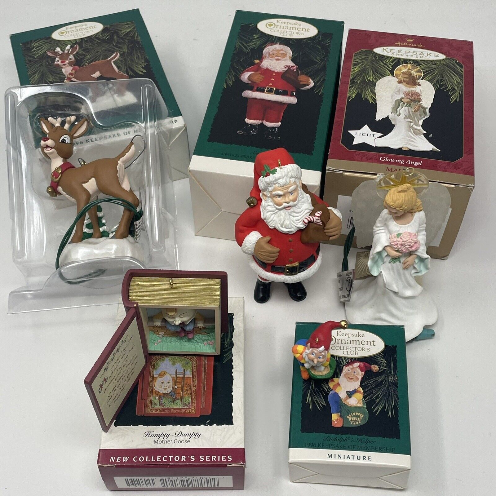 Vintage Hallmark Keepsake Ornaments 1990\'s Rudolph Santa light up Angel Elf Box