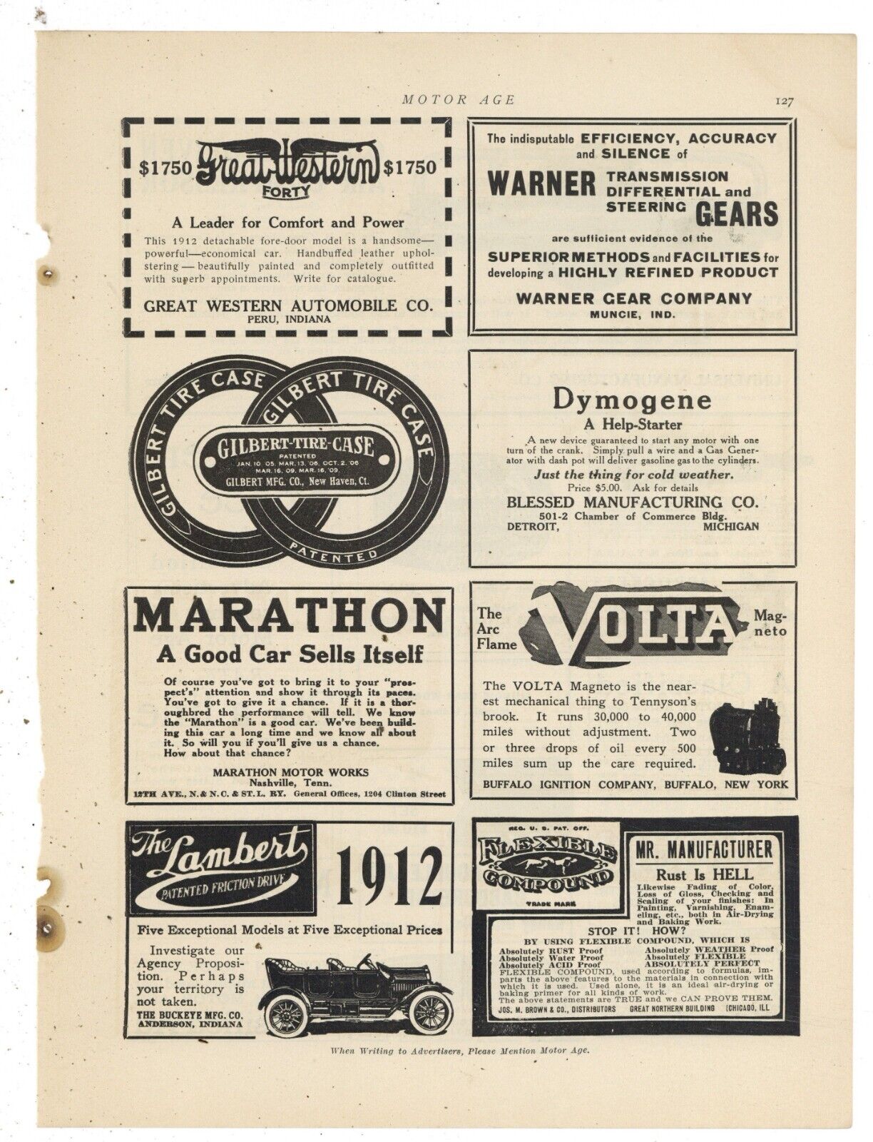 1912 Auto Ads on 1 Page: Borland Electric, Mercer, Stearns, Paige Detroit ++