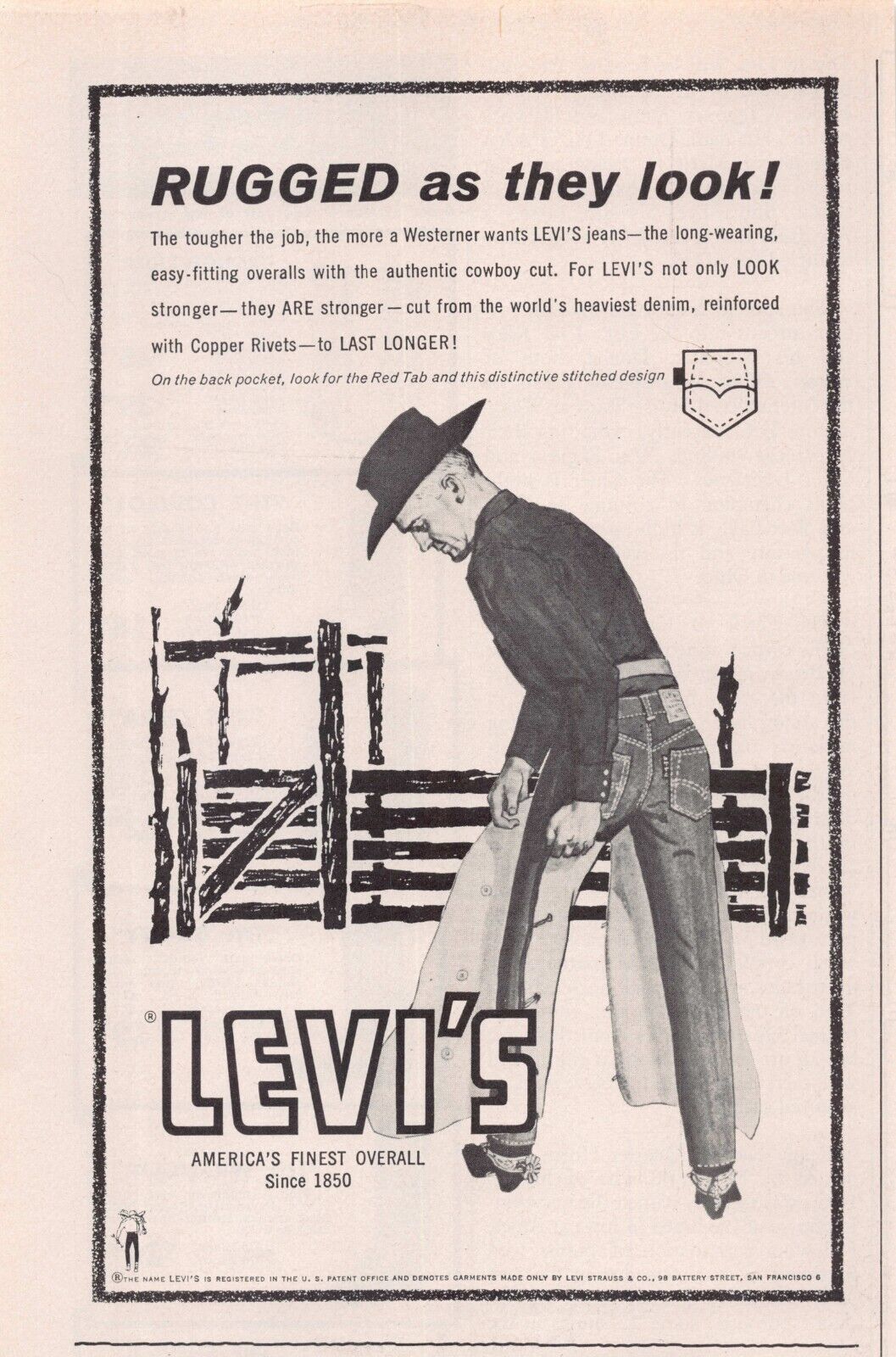 Levi\'s America\'s Finest Overall Since 1850 Leather Chaps Spurs Vtg Print Ad