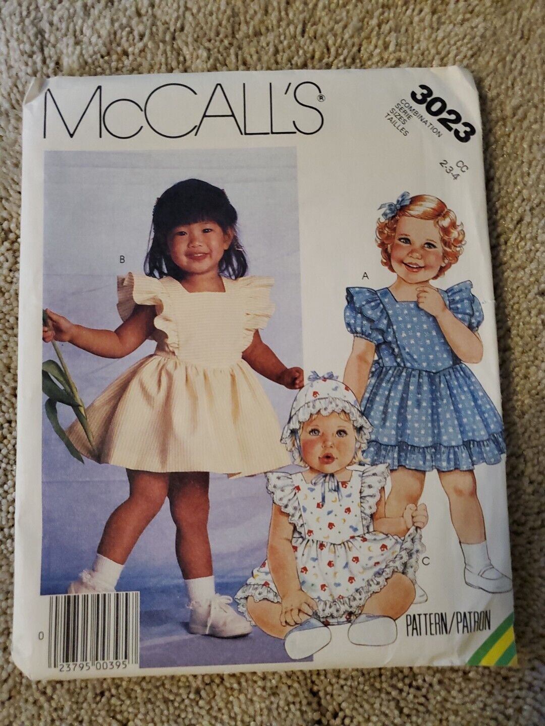 1987 Vintage MCCALL\'S Pattern 3023 Toddlers\' Dress Panties Hat Size CC 2 3 4 FF 