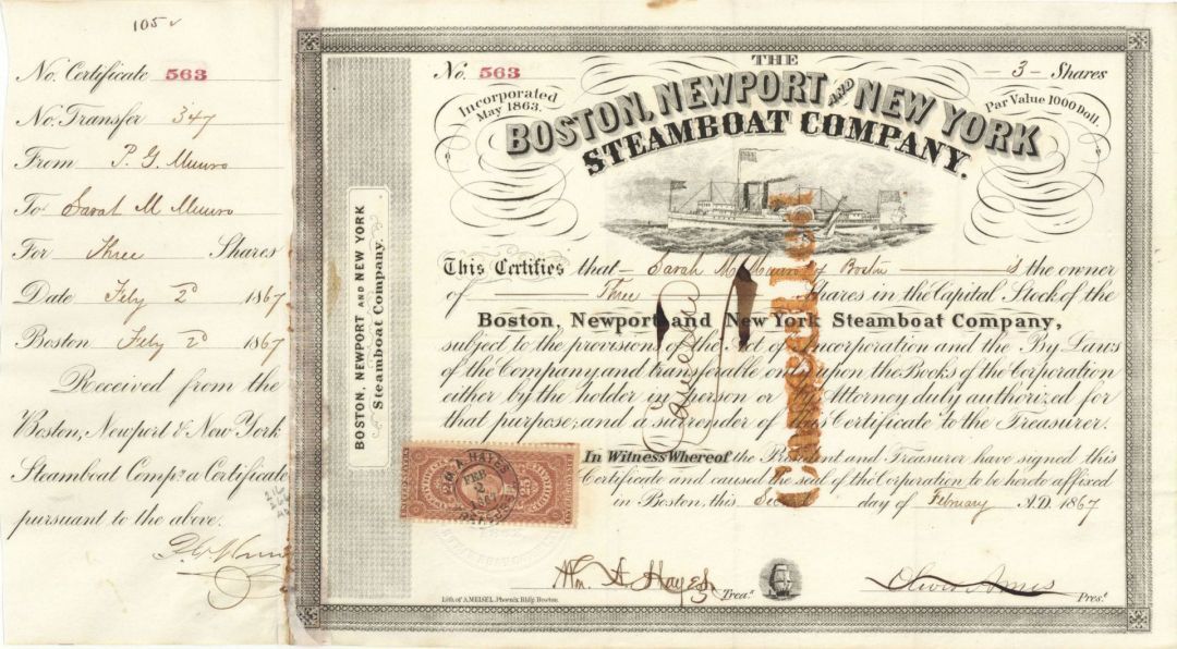 Oliver Ames signed Boston, Newport and New York Steamboat Co. - 1860\'s dated Aut