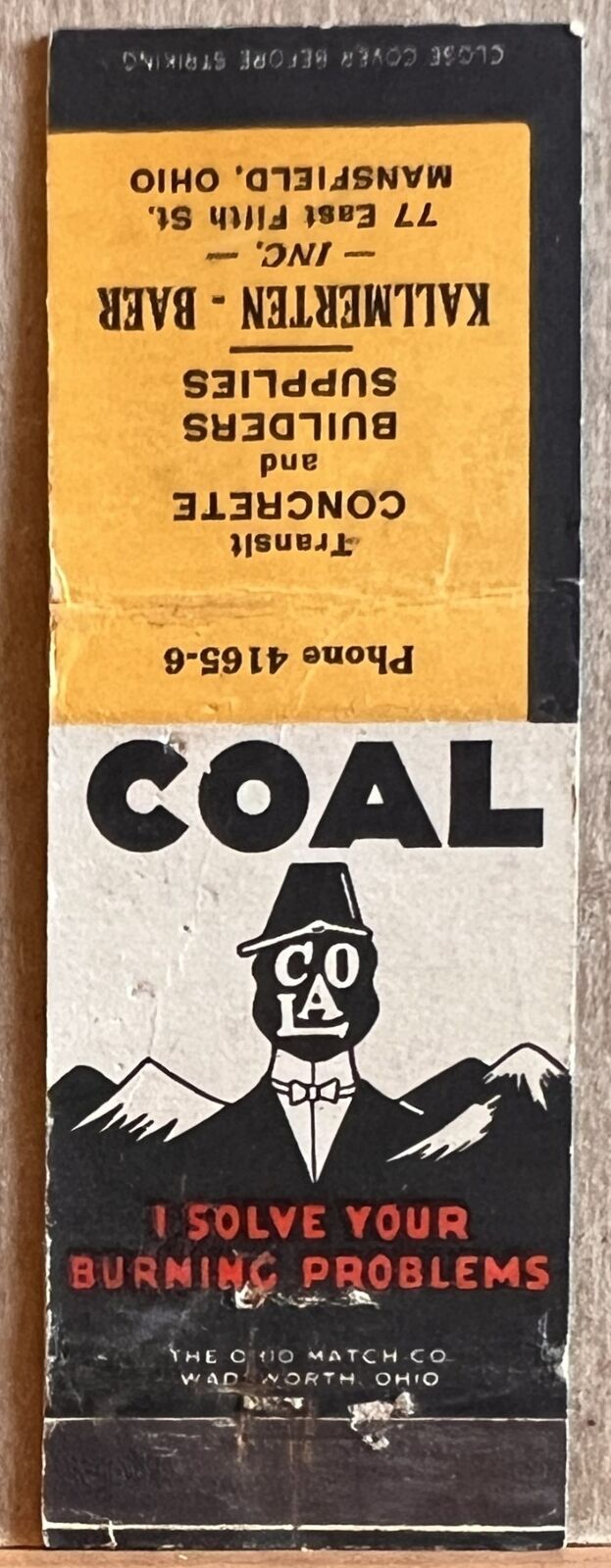 Kallmerten-Baer Mansfield OH Ohio Coal Transit Concrete Vintage Matchbook Cover