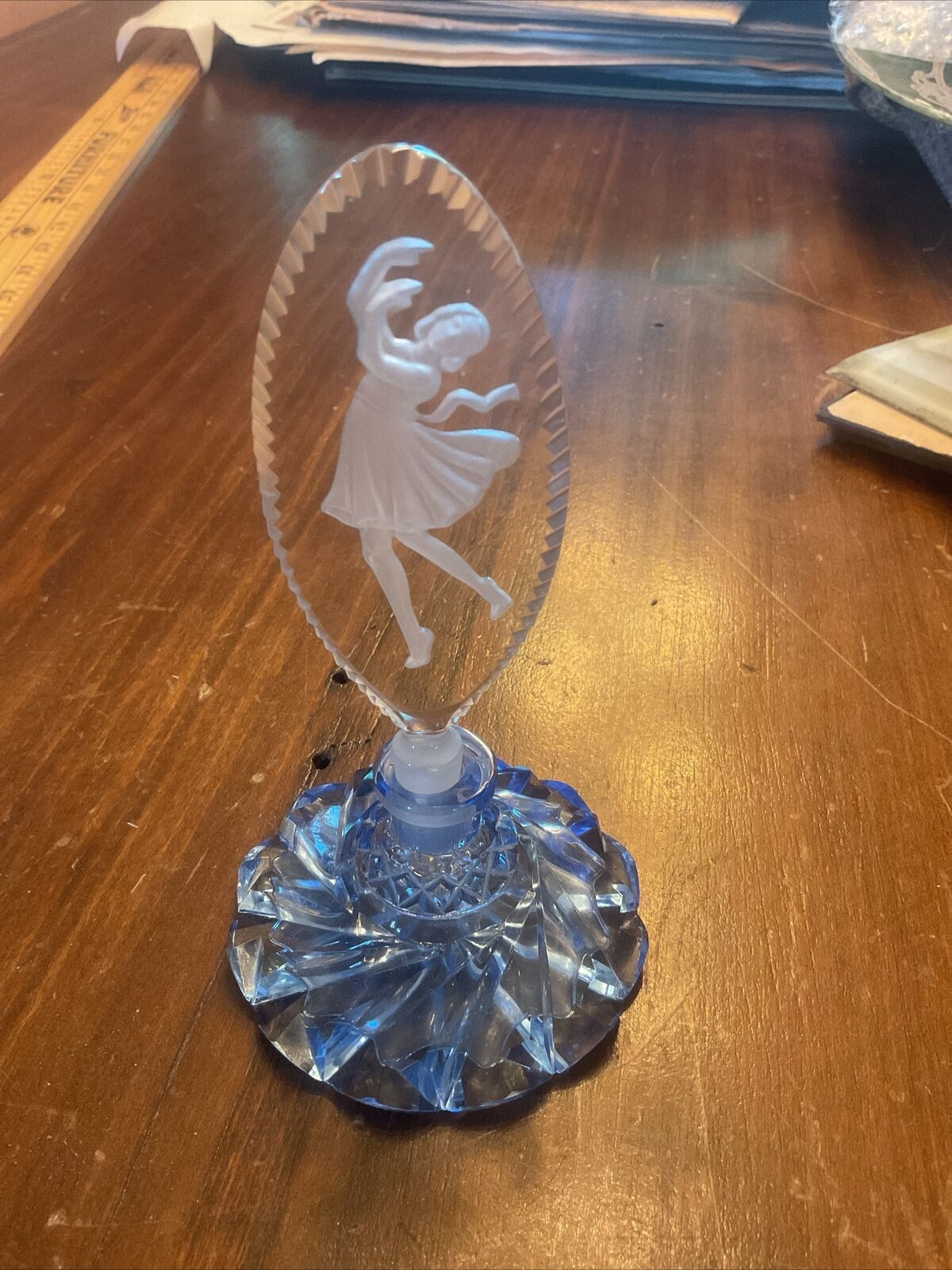 Czech art deco cut glass perfume bottle. Lady Dancer stopper. original
