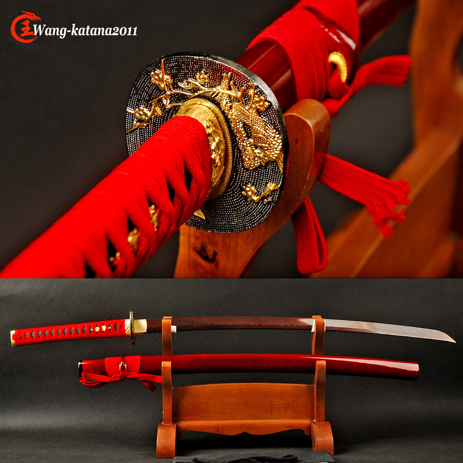 40''Red Damascus Folded Steel Katana Battle Ready Japanese Samurai Sharp Sword