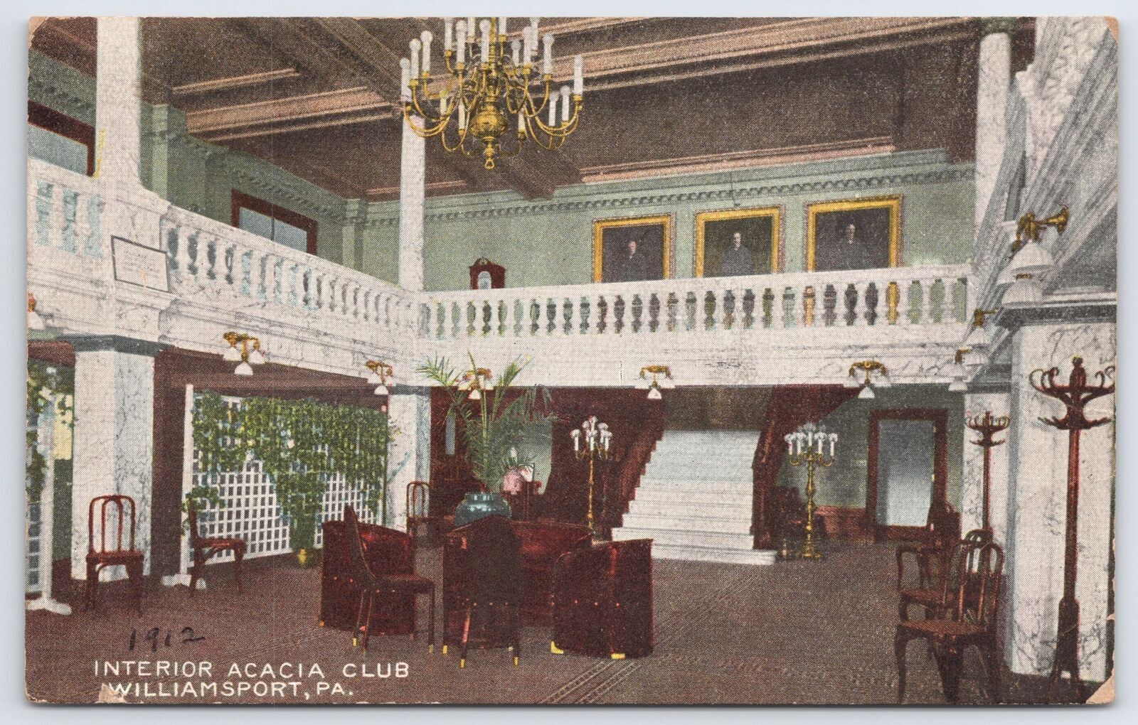 1912 Interior Akasha Club Williamsport Pennsylvania Chandelier Posted Postcard