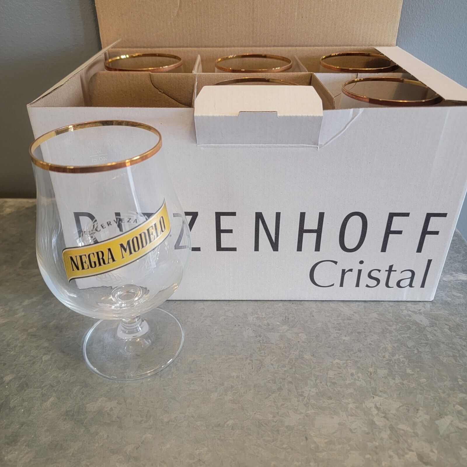 Ritzenhoff Cristal Negra Modelo Beer Glasses Gold Rim Mexican Brewery NEW 6/Box