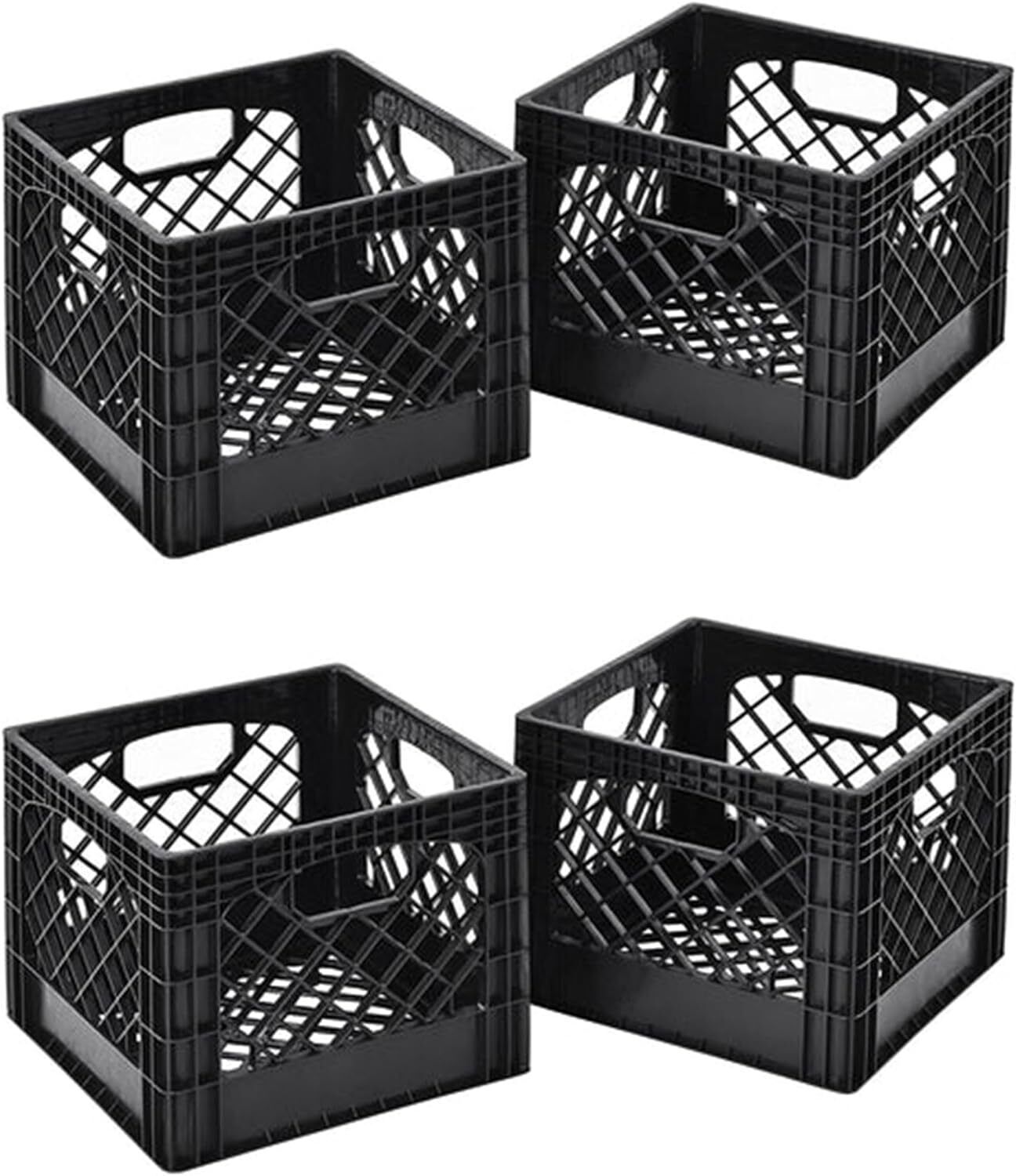 Indoor and outdoor stackable storage milk crates with handles, black, set of 2