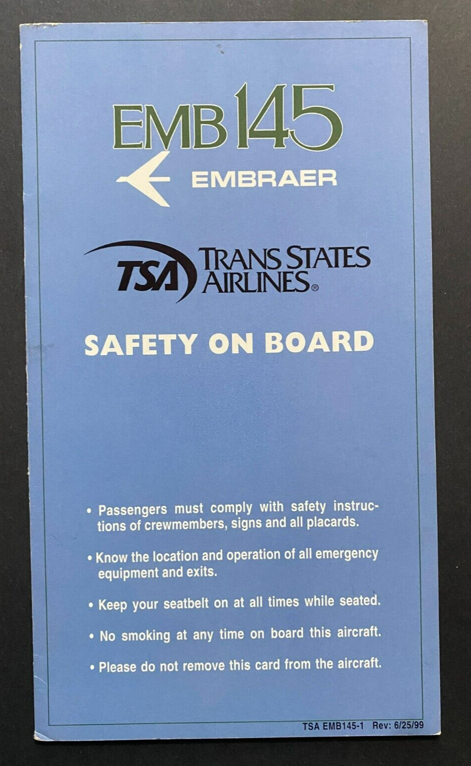 Trans States Airlines Embraer EMB-145 Safety Card - 6/99