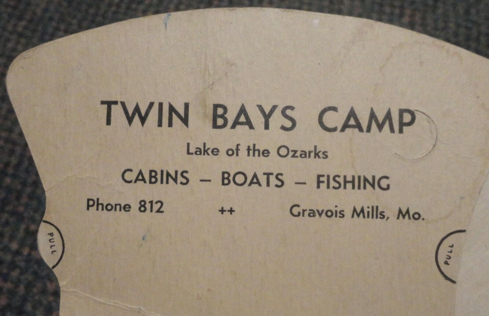 c1940s Gravois Mills Missouri Ozarks Twin Bays Camp cabins boats fishing ad fan