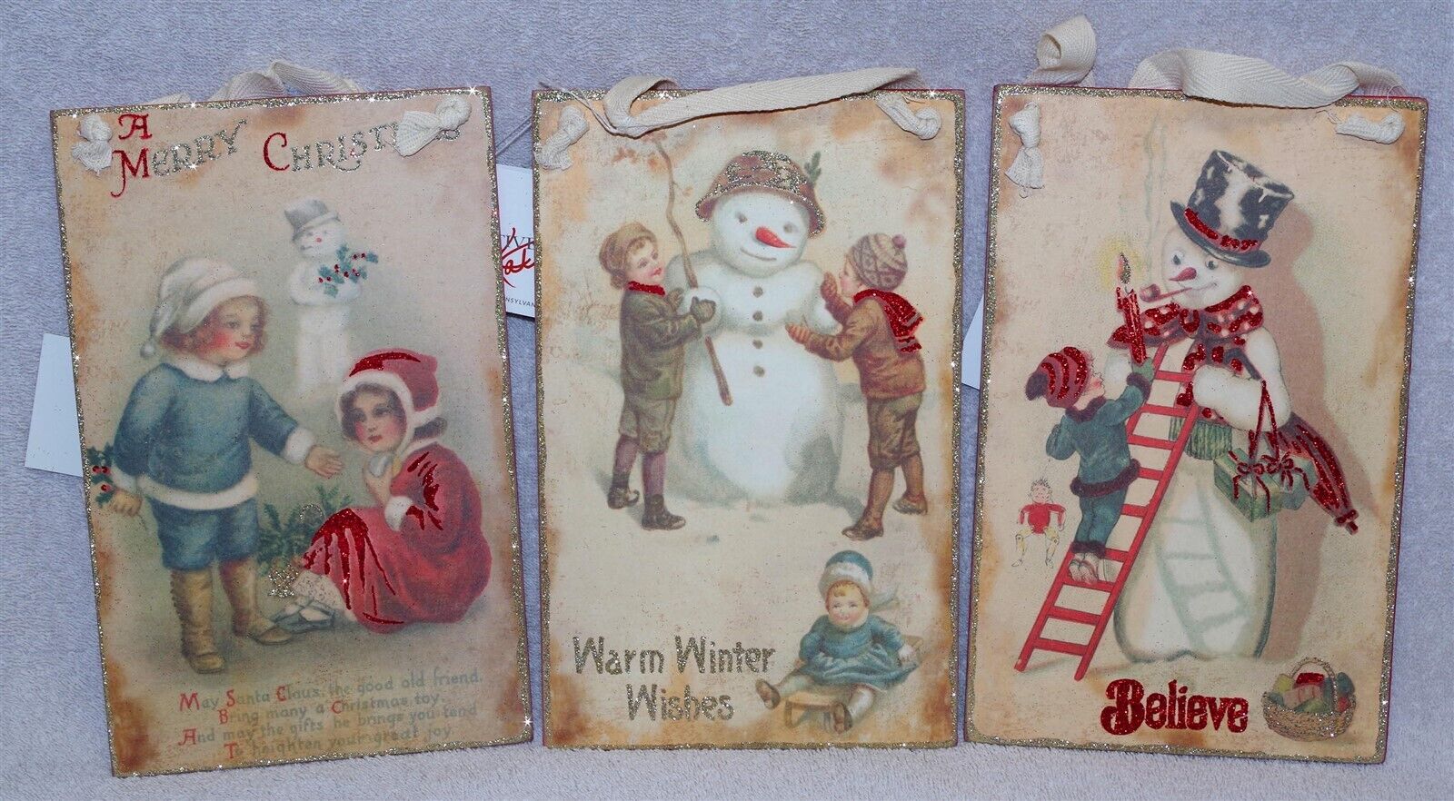 VINTAGE INSPIRED CHRISTMAS POSTCARD WOOD SIGNS (SET OF 3) SNOWMAN DESIGNS, NEW