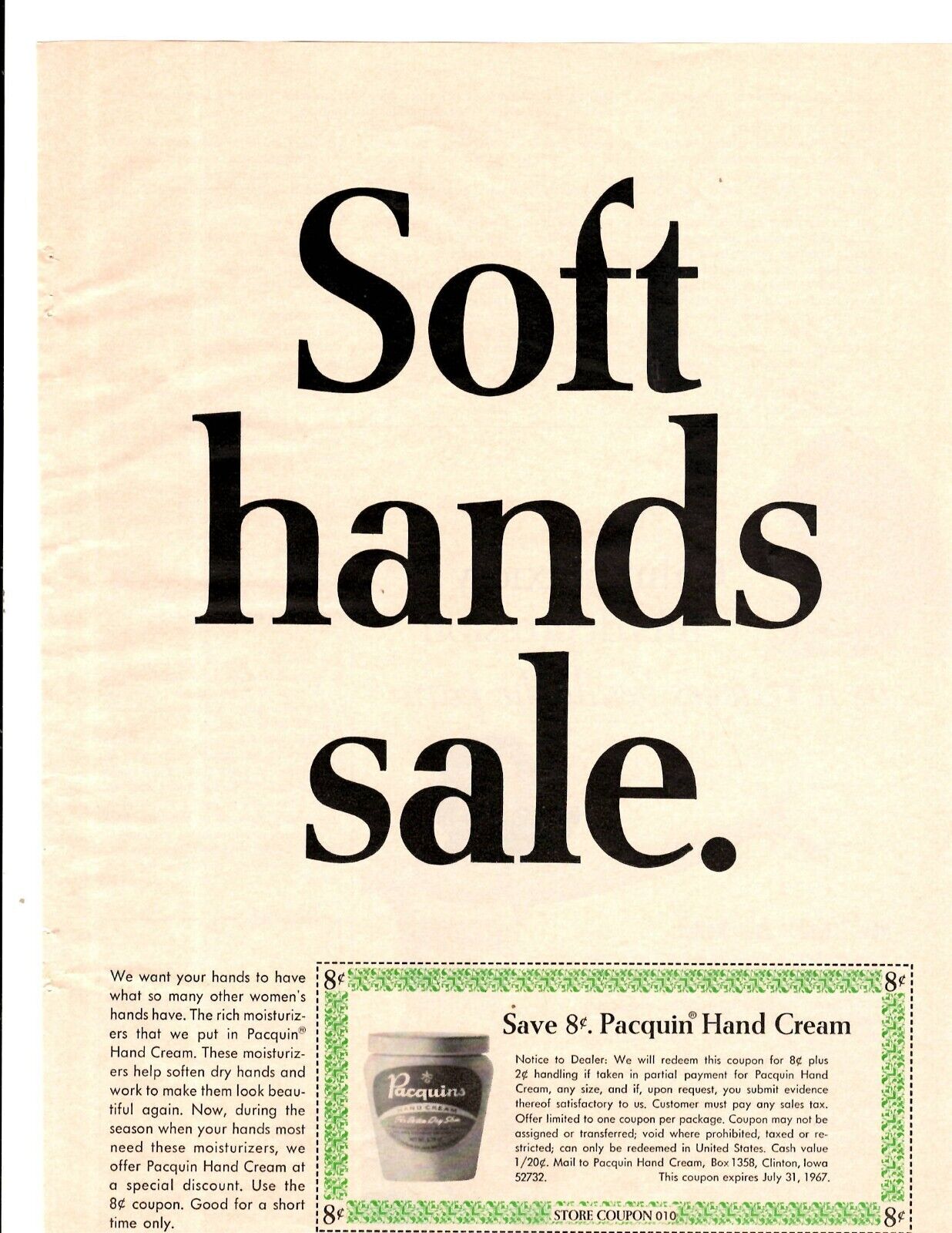 1967 Print Ad Pacquins Hand Cream Soft hands sale 8 cent Coupon