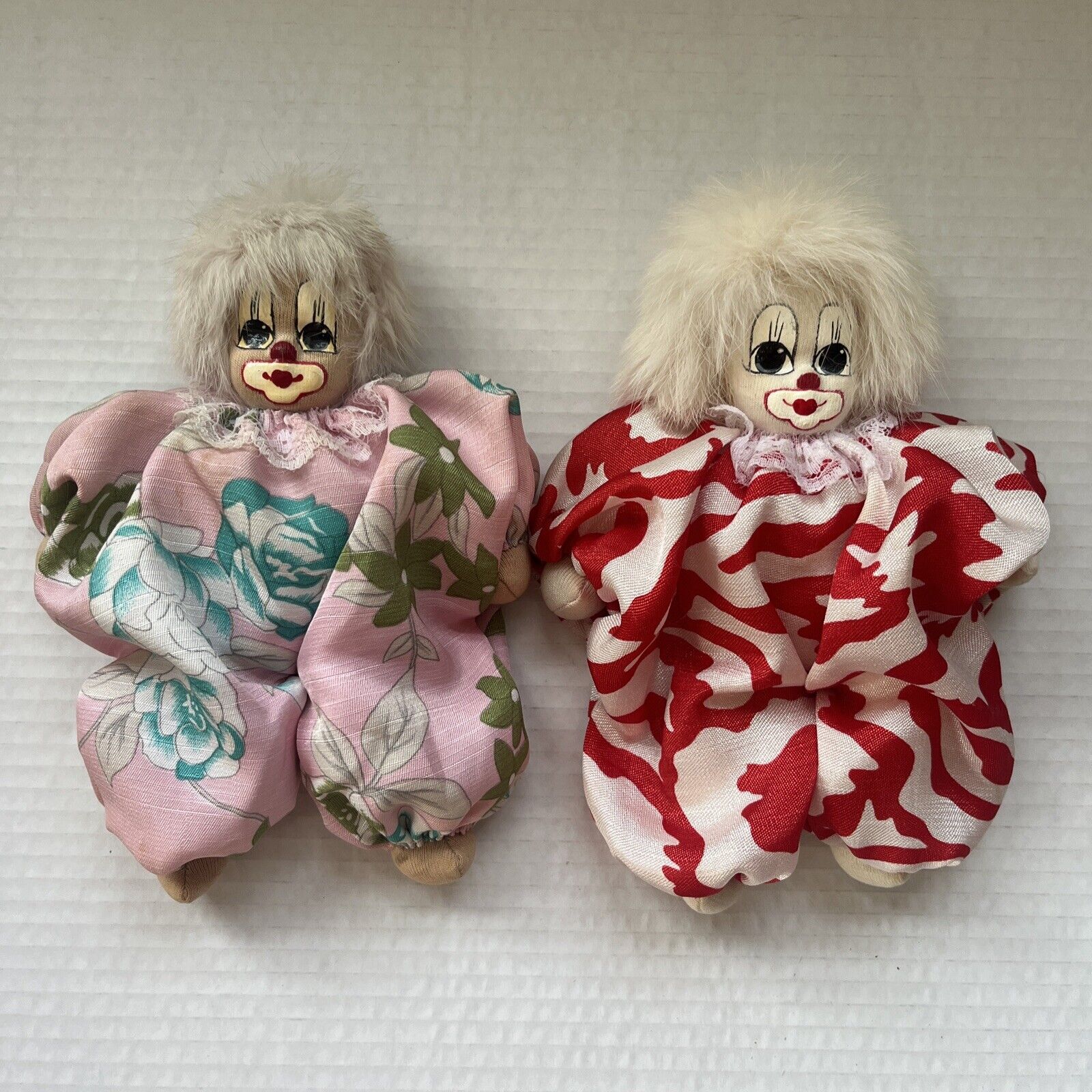 Vintage Q-Tee Clown 1980s Sand Doll Hand Made Hand Painted Lot of 2 Fur Hair 80s