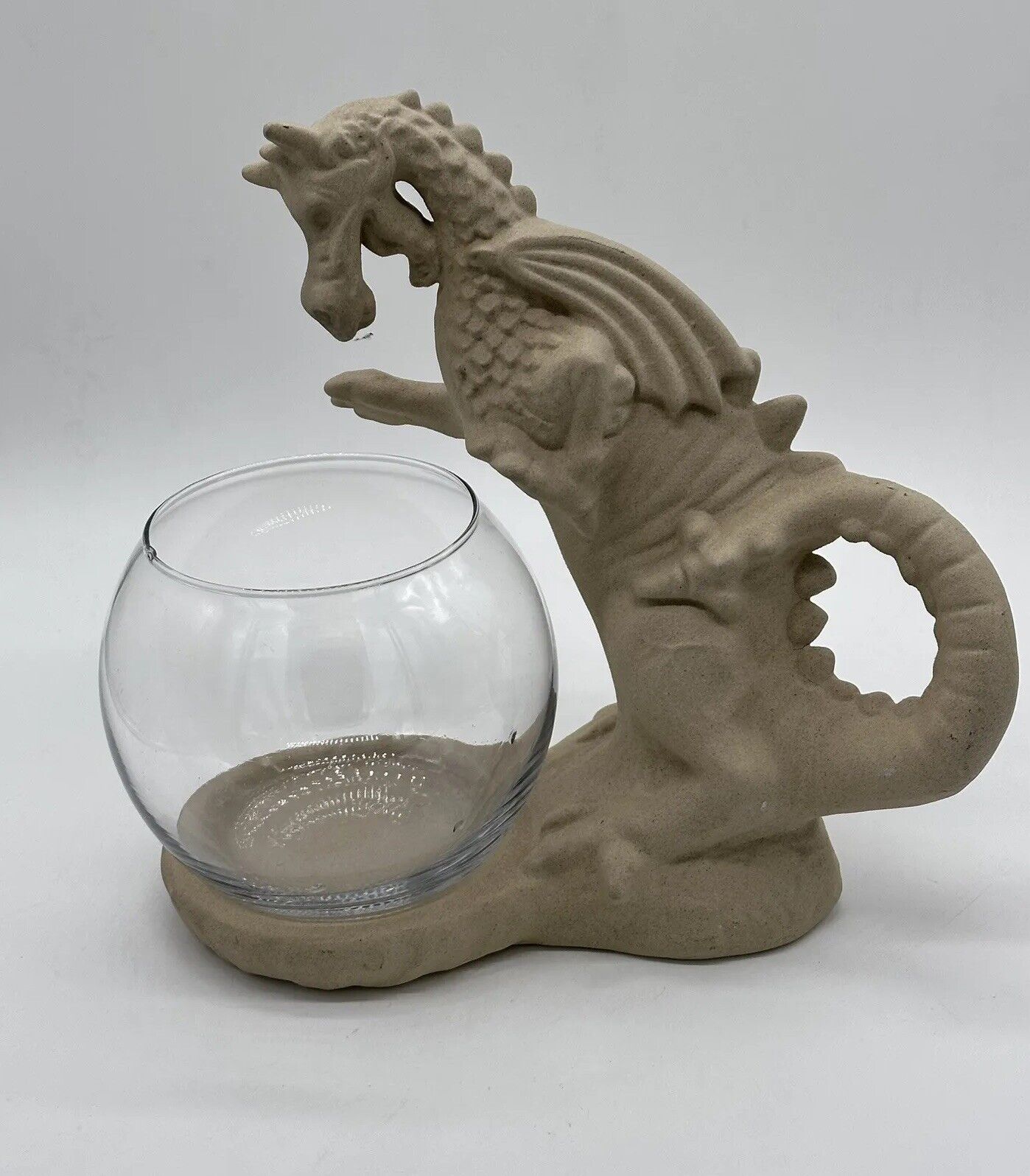 Haeger Pottery Dragon Guardian Tan Sand Glaze Vintage Statue W/ Glass Bowl Rare