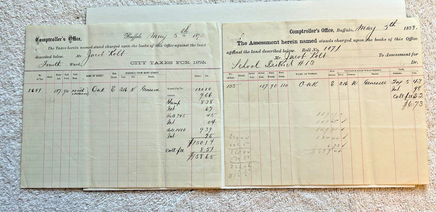 Antique Buffalo N,Y, City Taxes Jacob Kolb 4th Ward May 1872