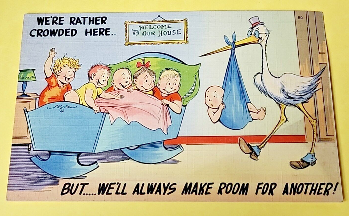 Vintage 1940's Comic Series Stork Delivers a Baby Color-Litho Linen Postcard