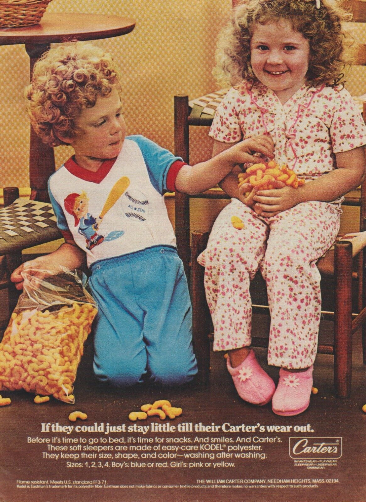 1980 Carter's Children's Clothing - Boy & Girl Share Bed Snacks - Print Ad Photo
