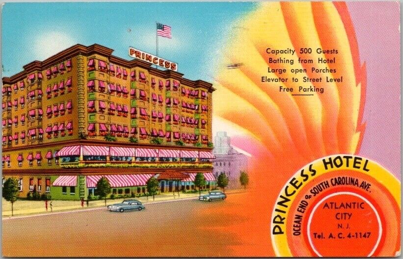 Vintage ATLANTIC CITY, New Jersey Postcard PRINCESS HOTEL Street View w/ Cancel