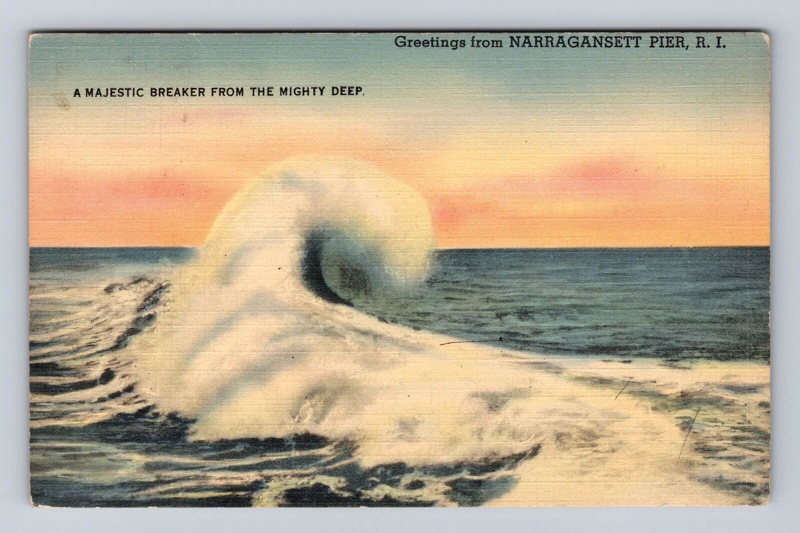 Narragansett Pier RI-Rhode Island, Greetings, Majestic Breaker, Vintage Postcard
