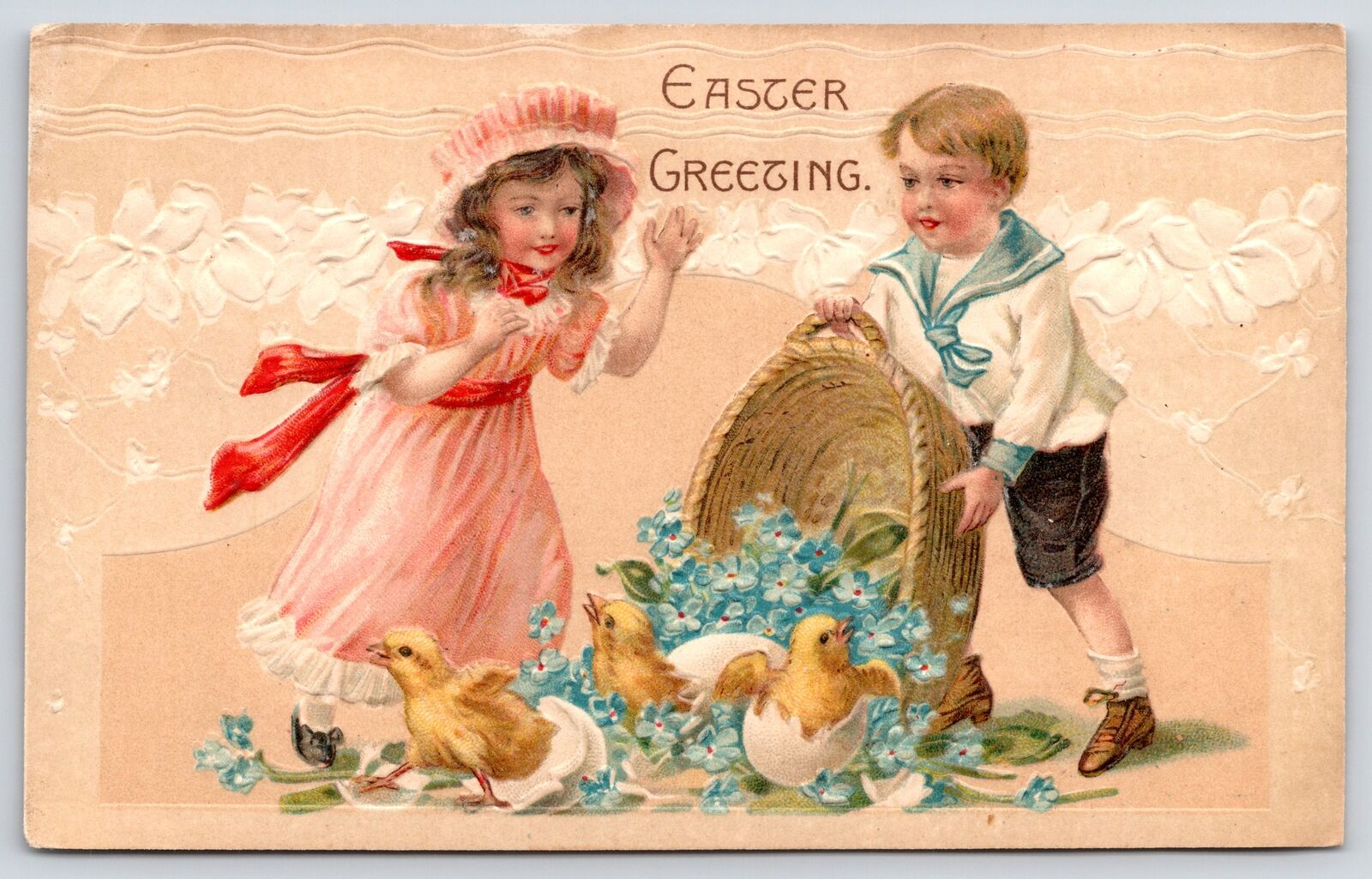 Victorian Easter~Boy Girl Dump Eggs From Forget-Me-Not Basket~Chicks Hatch~c1908