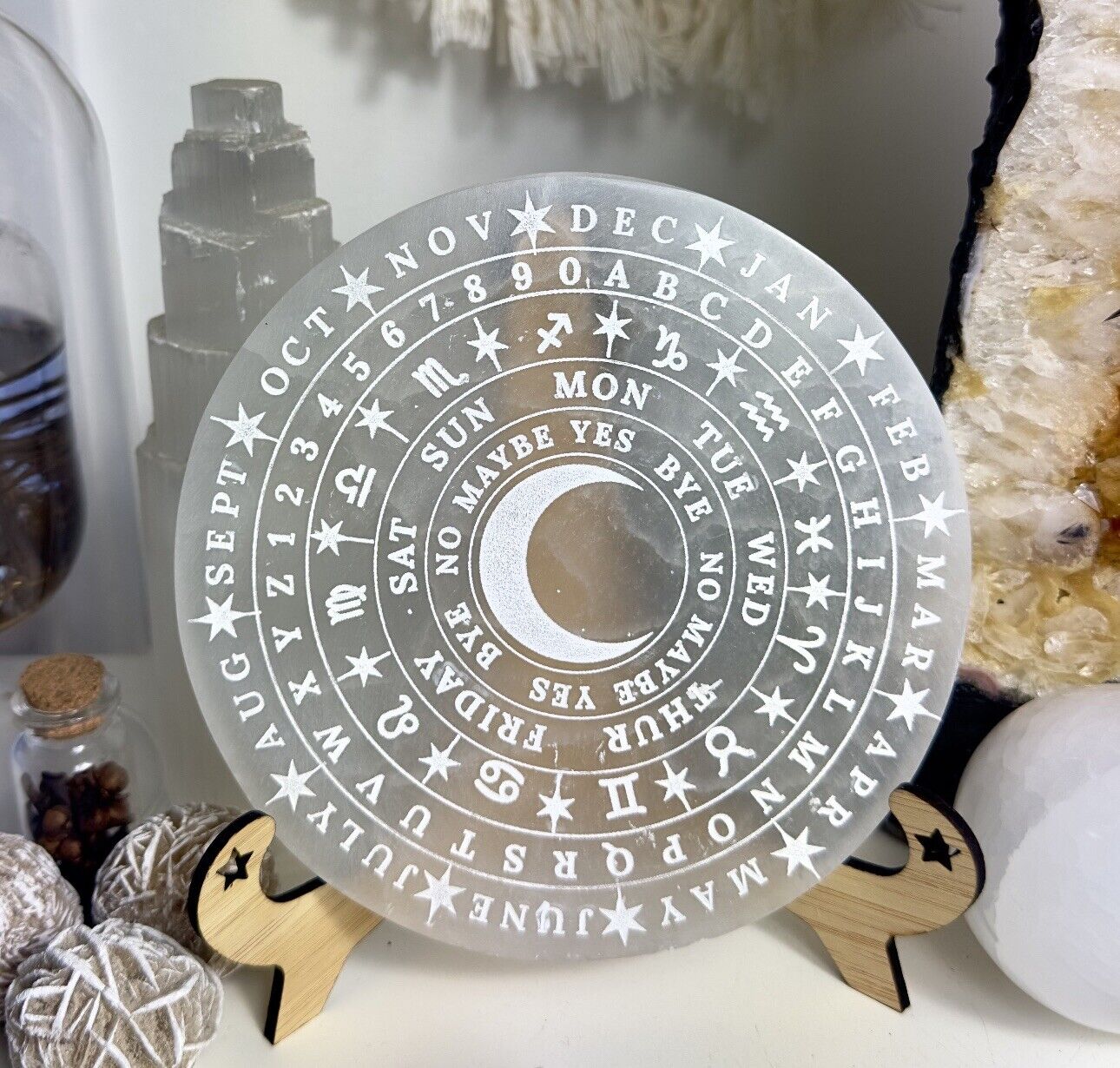 Crescent Moon Pendulum II | Spirit board on large 14cm selenite charging plate