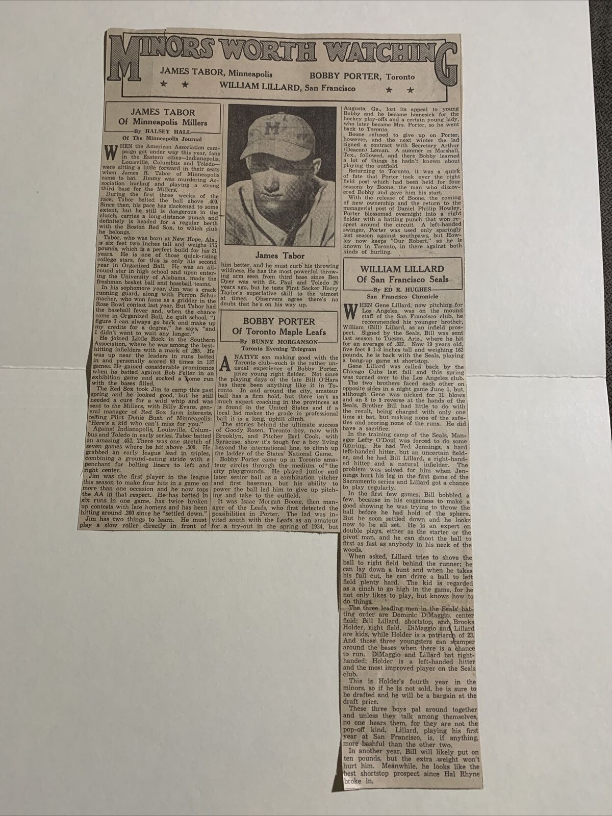 Jim Tabor Minneapolis Millers Minor Lg. 1938 Sporting News Baseball 7X13 Panel