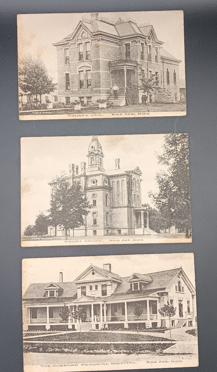 Three Vintage Postcards, Bad Axe, Mich.,  Courthouse, Hostpital, Jail, 1909