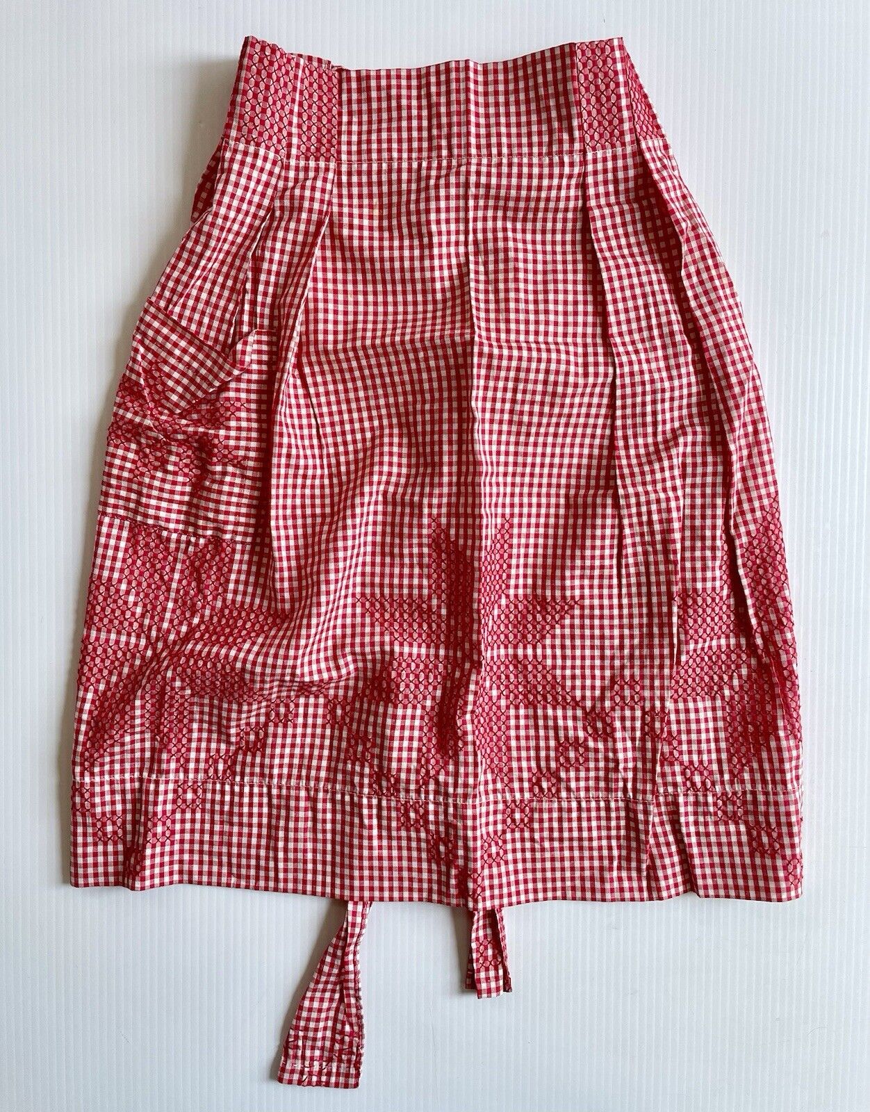 Vintage Red & White Gingham Apron Embroidery Farmhouse Cottage Handmade