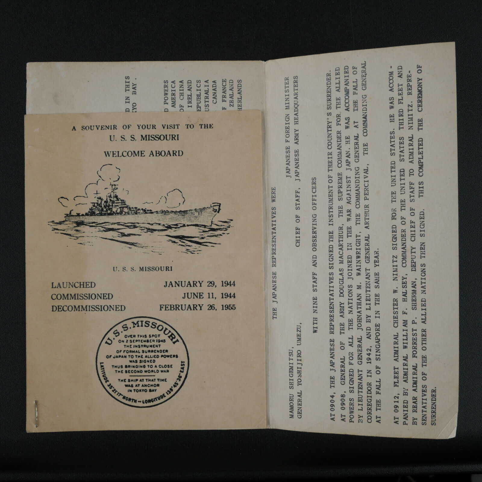 1960s U.S.S. Missouri Battleship Tour Souvenir Card & Fact Sheet