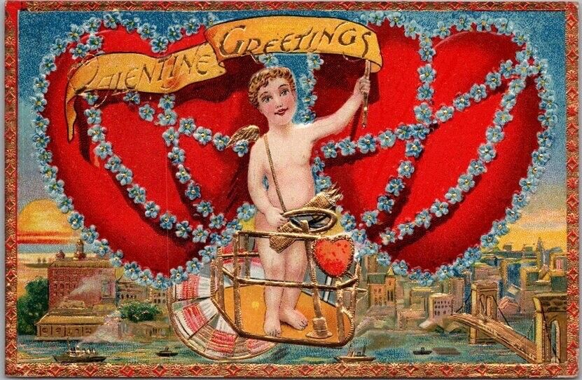 1911 VALENTINE'S DAY Postcard CUPID / Men York City Skyline / Brooklyn Bridge