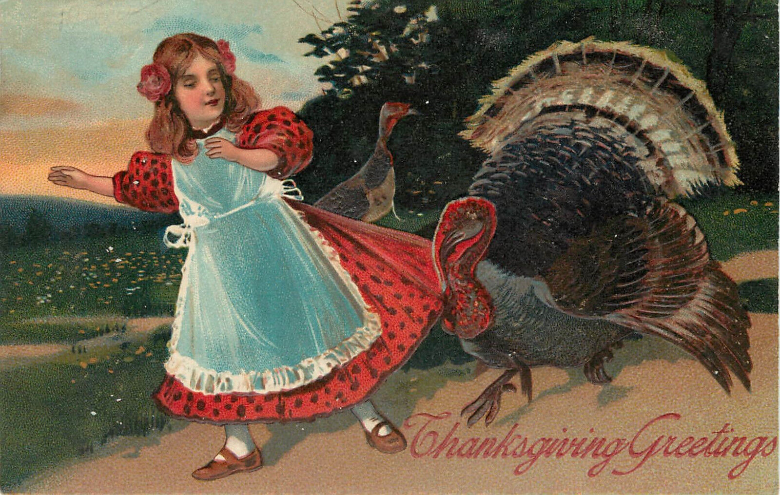 Embossed Postcard Thanksgiving Greetings Tom Turkey Bites Girl\'s Dress PFB 8429
