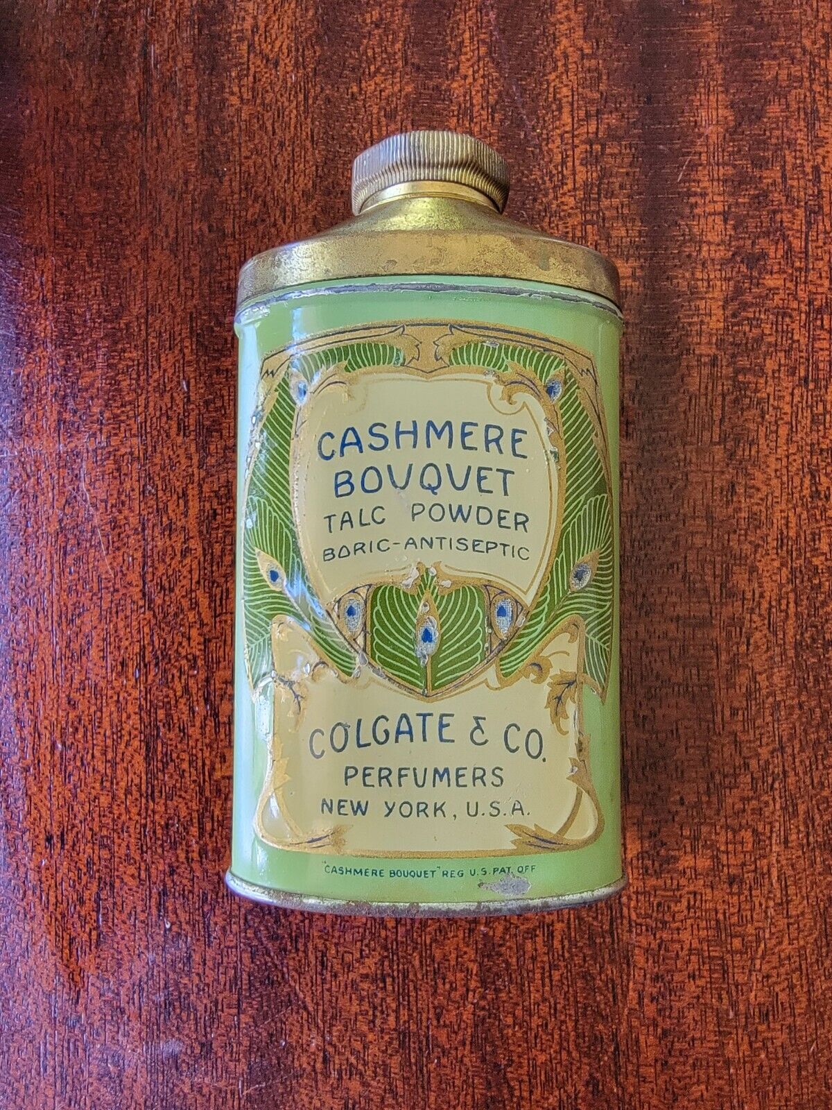 Vintage Cashmere Bouquet Talc Powder  Ad Litho Tin USA - Regular Size Green