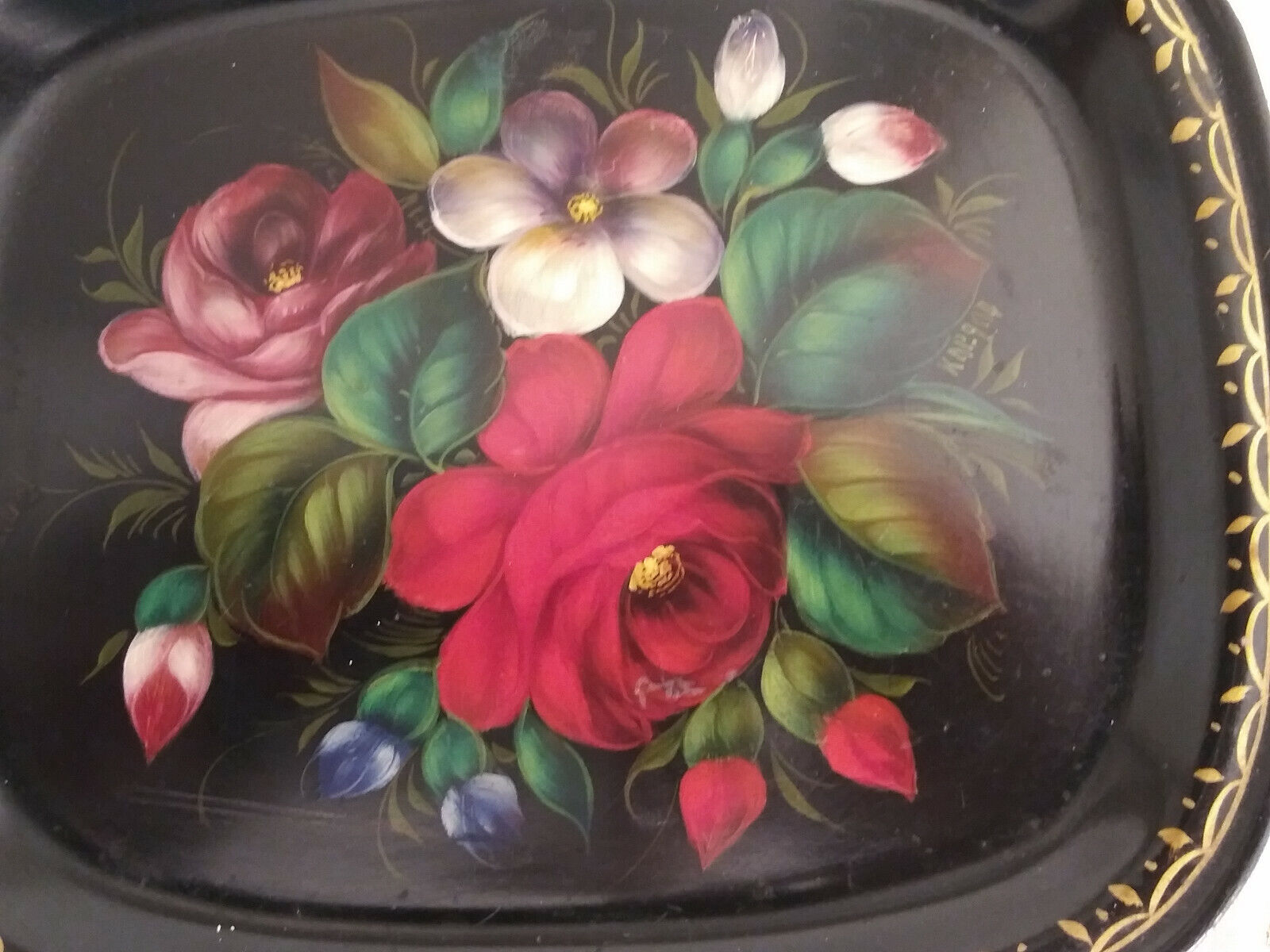 Vintage Zhostovo Tray Hand Painted with bright flowers - Souvenir from Russia