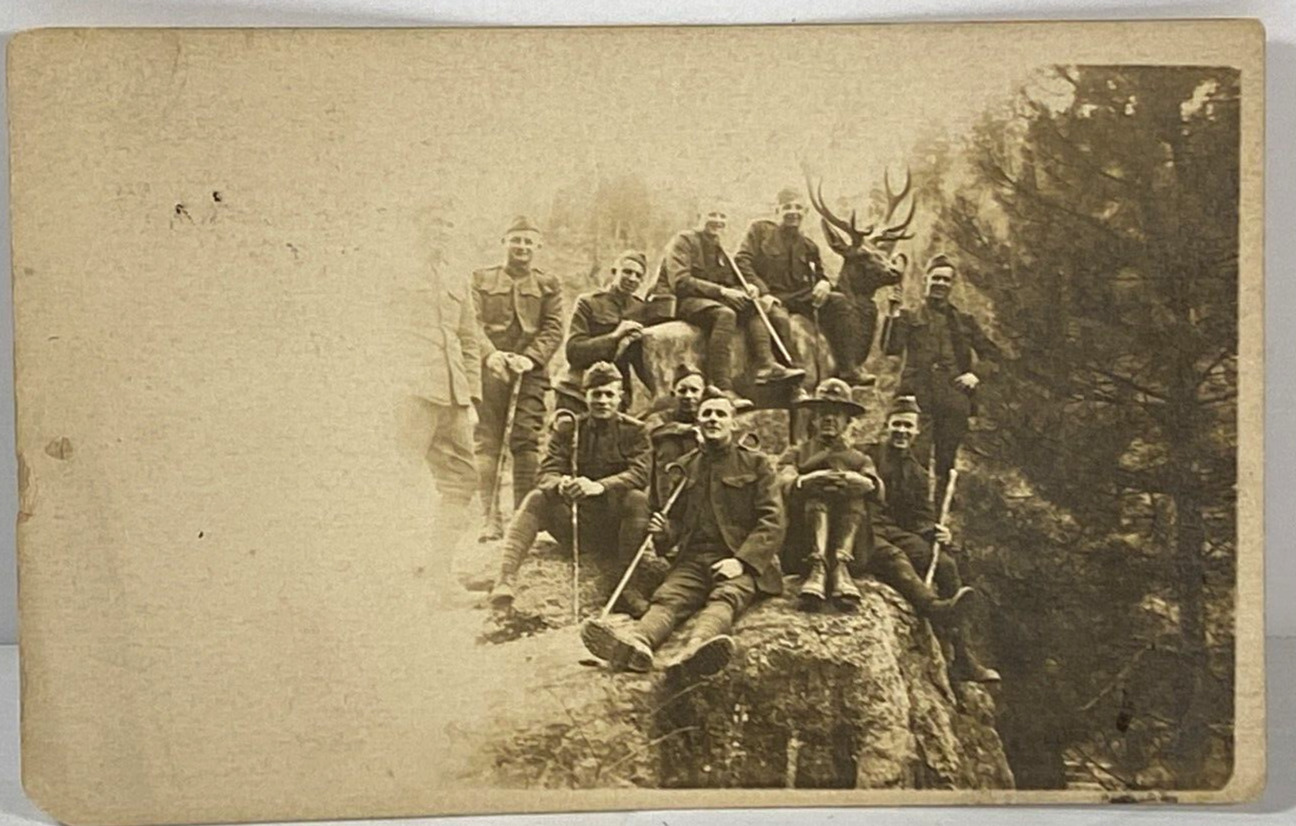 WWI Postcard B&W RPPC Military Chamonix France 1919 On Bronze Stag Monument