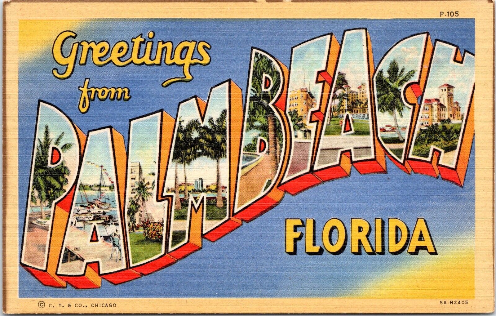 Large Letter Greetings from Palm Beach Florida - 1935 Linen Postcard- Curt Teich