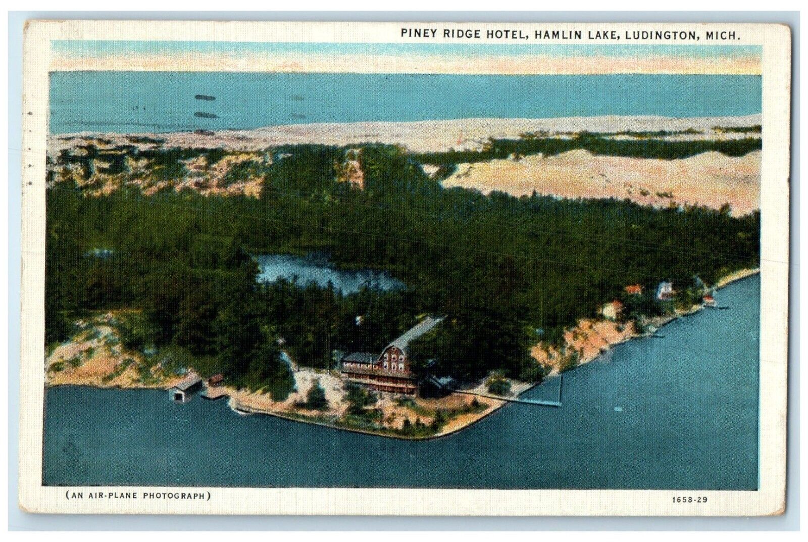 1936 Aerial View Piney Ridge Hamlin Lake Ludington Michigan MI Vintage Postcard