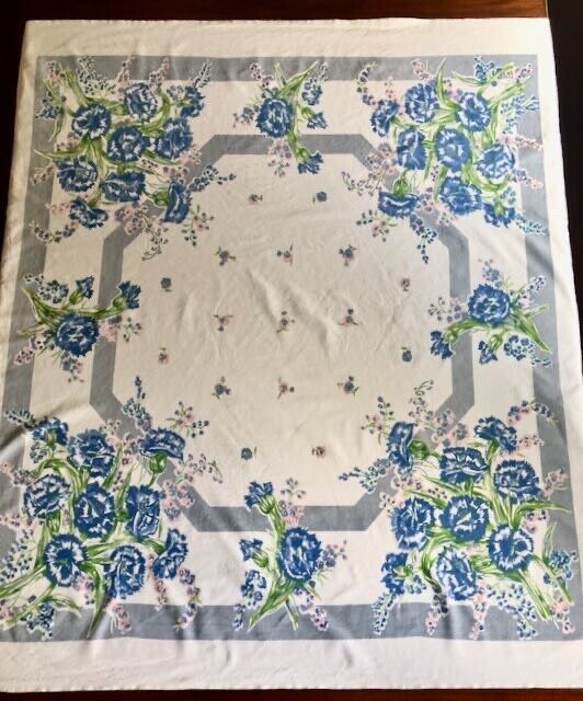 Vintage Blue Carnations Floral Tablecloth Crisp Heavy Cotton Country  Farmhouse