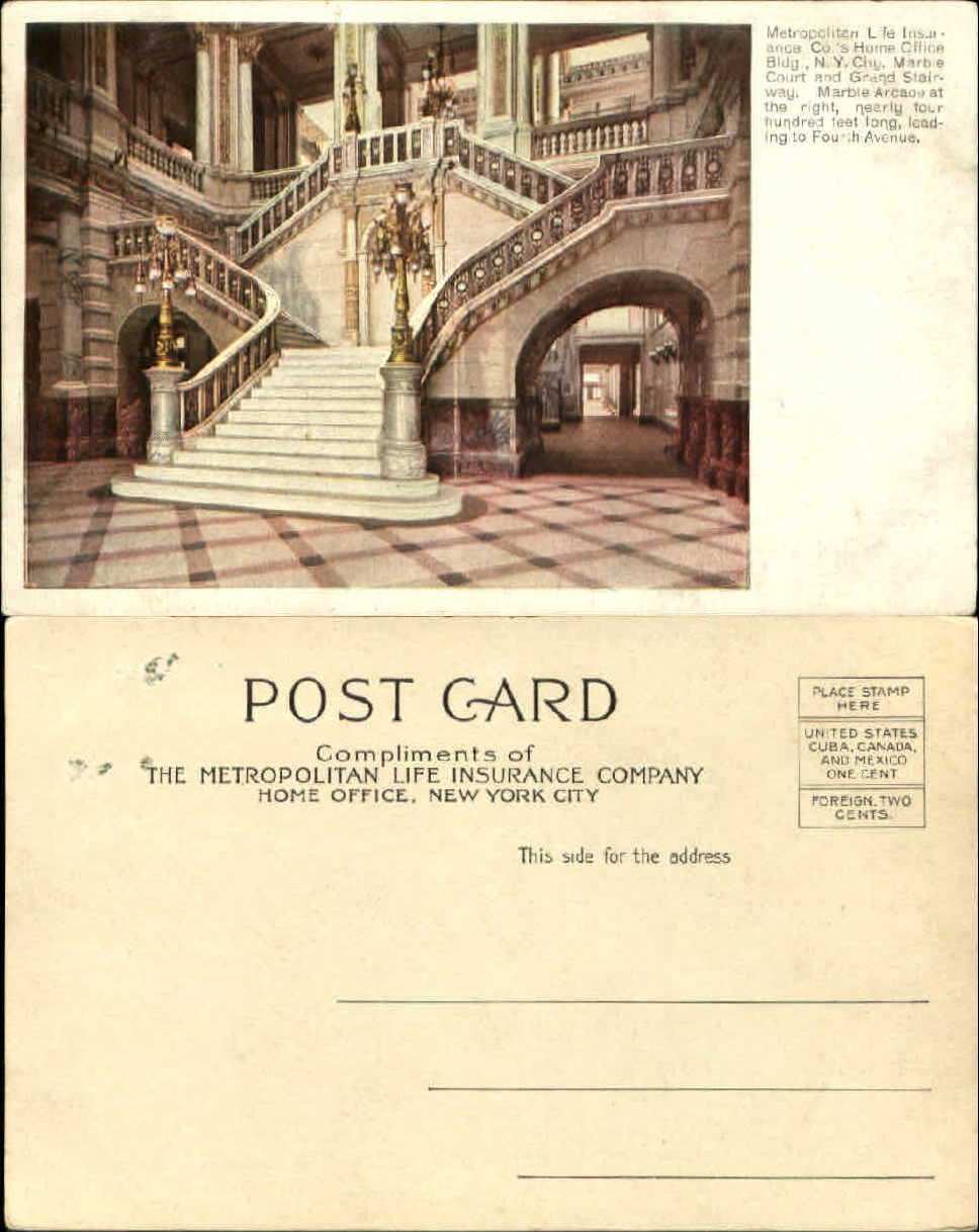 Metropolitan Life Building NY Marble grand staircase UDB advertising postcard