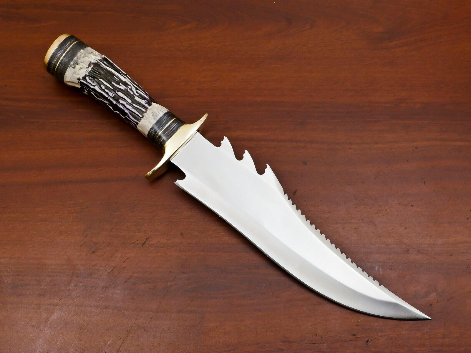 CUSTOM HAND MADE D2 STEEL BLADE BOWIE HUNTING KNIFE - ARTIFICIAL STAG - BRASS