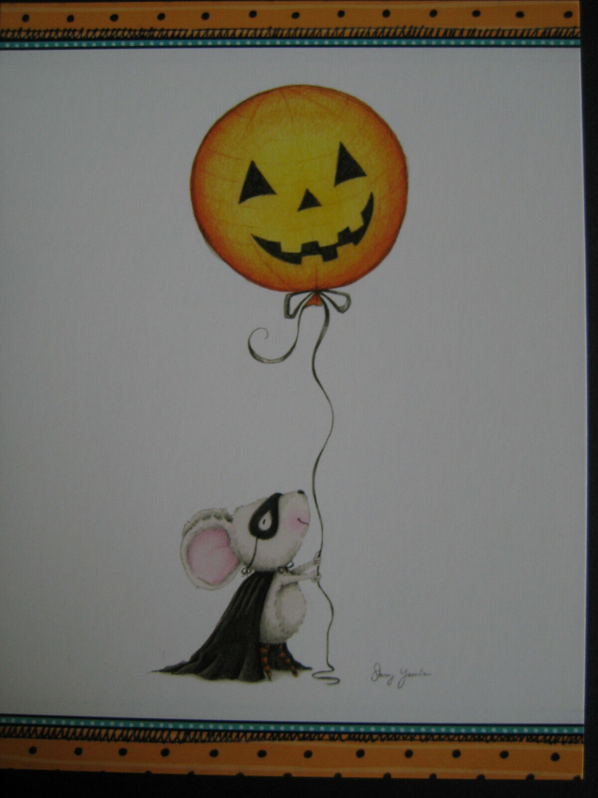 UNUSED 2015 vintage greeting card By Stacey Yacula HALLOWEEN Mouse w JOL Balloon