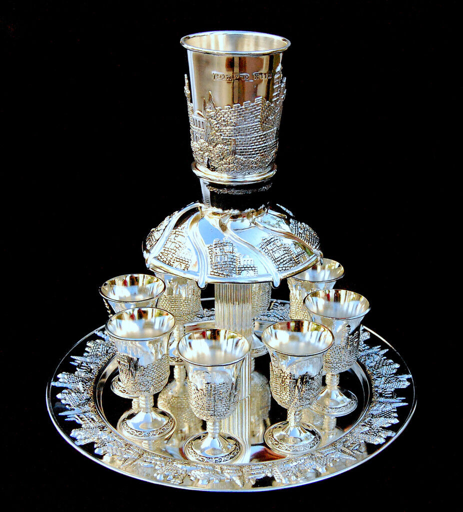 Wine Fountain Kiddush cup+8 Goblets Silver plate Judaica israel shabbat Jewish