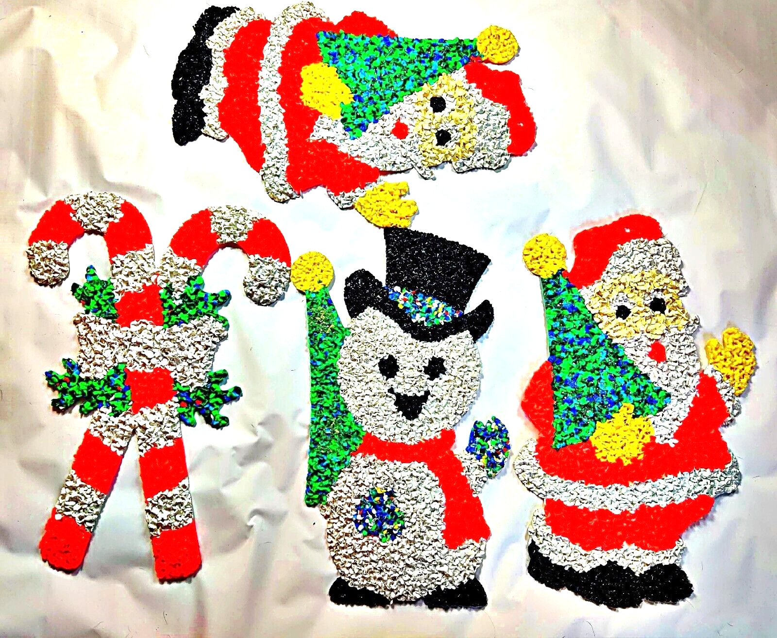 Lot of 4 Vintage Melted Plastic Popcorn Christmas Santa Candy Cane Snowman EXC