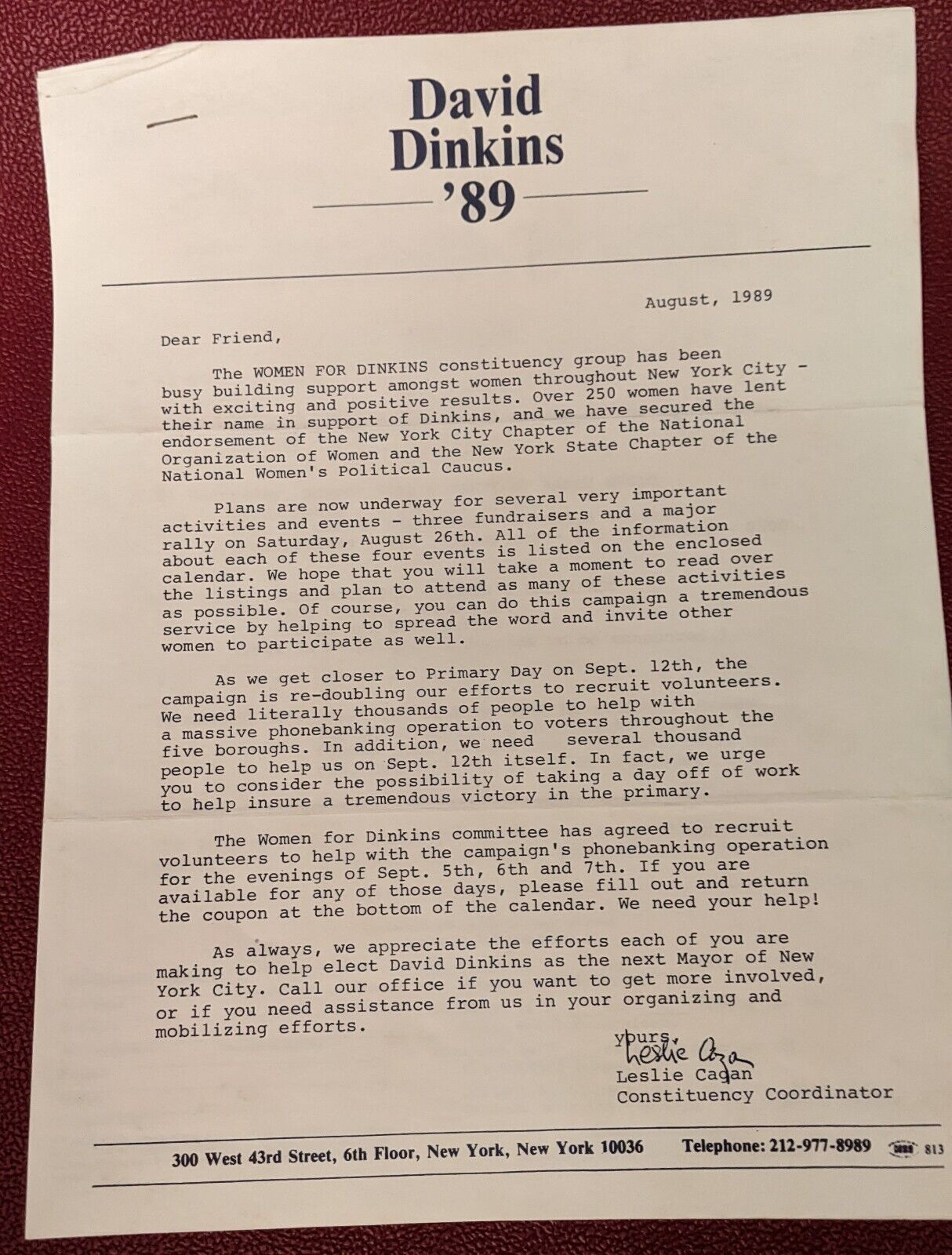 NYC Mayor David Dinkins 1989 Rally & Fundraiser Letter - RARE