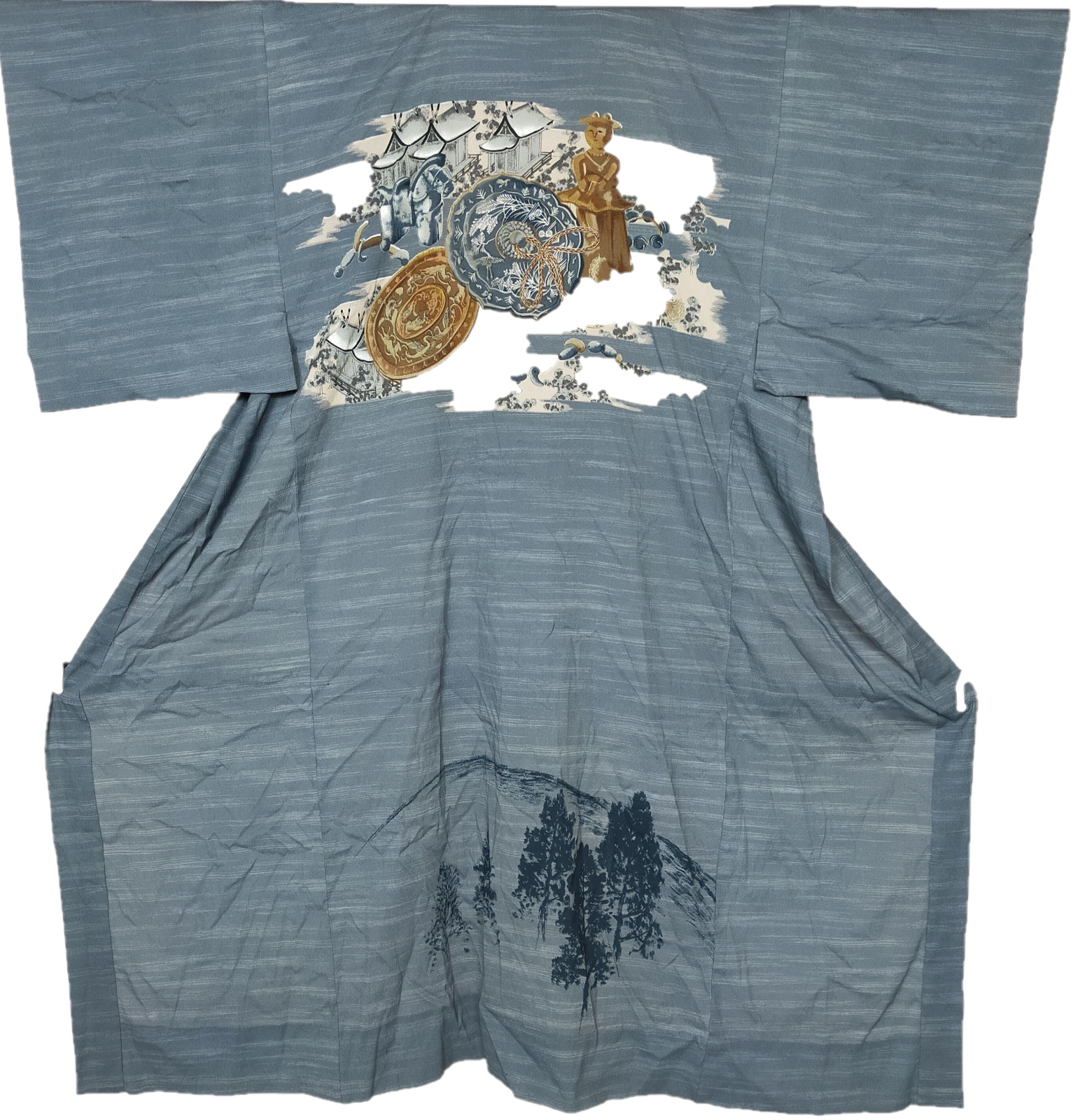 Japanese vintage Men\'s Kimono Jacket Wool Nagajyuban Ancient Haniwa Pattern 9515