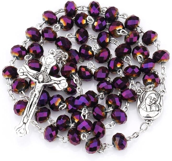 Deep Purple Crystal Beads Rosary Necklace Catholic Holy Soil And Cross Crucifix