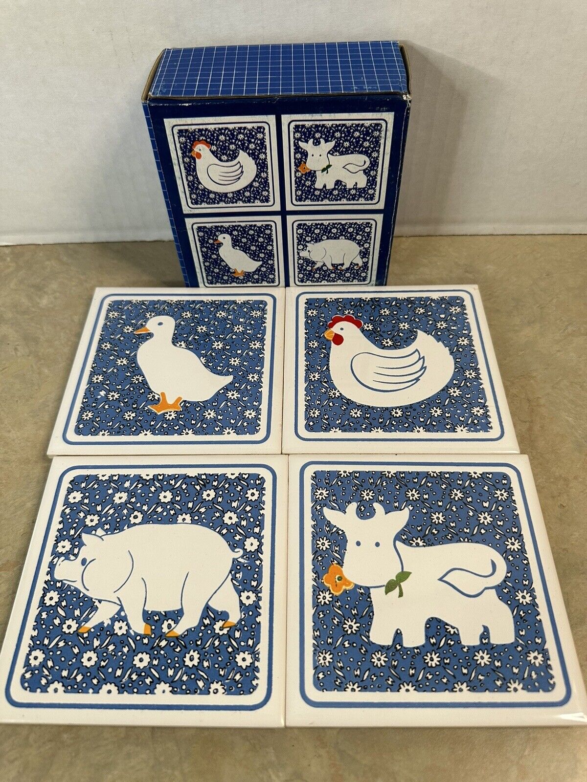 Set Of 4 Farm Animal Country Calico Ceramic Tile Trivets Coaster Decor